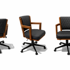 Three office chairs with black seats and wooden frames on a white background