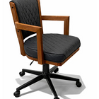 Chair with black quilted cushions and wooden armrests on a white background