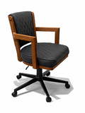 Chair with black quilted cushions and wooden armrests on a white background