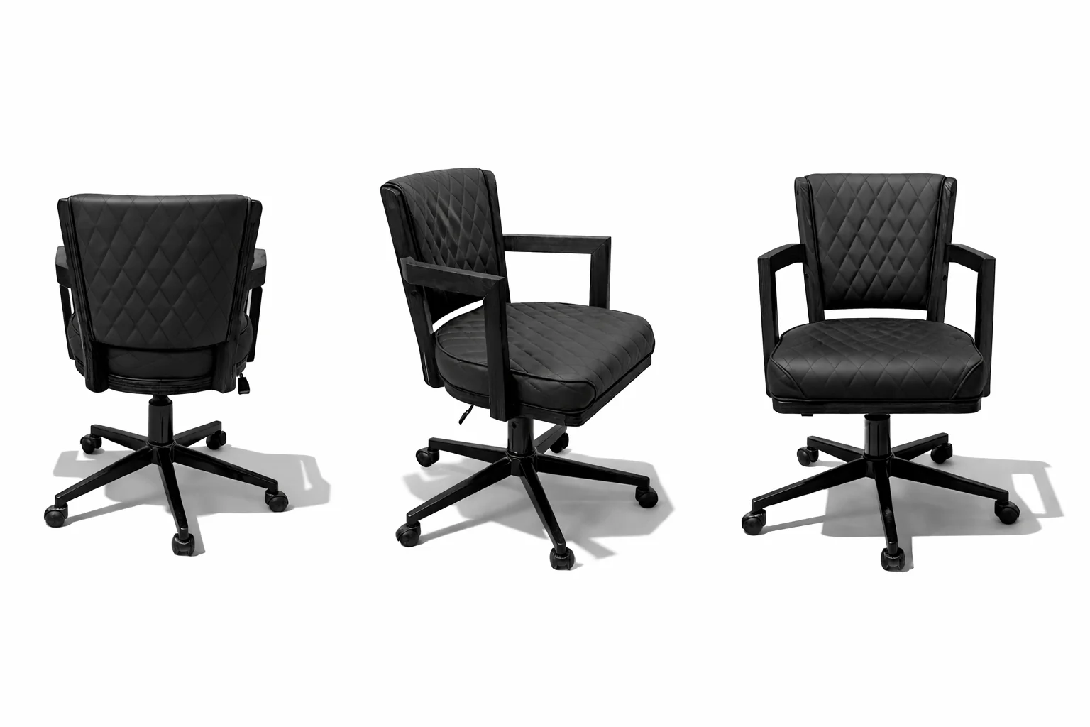 Three black office chairs with quilted design on a white background