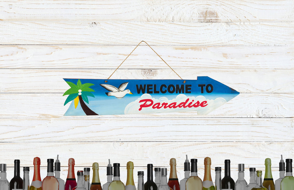 RAM Game Room “Welcome to Paradise” Acacia Wood Art Sign with arrow over wine bottles design.
