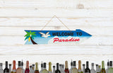 RAM Game Room “Welcome to Paradise” Acacia Wood Art Sign with arrow over wine bottles design.
