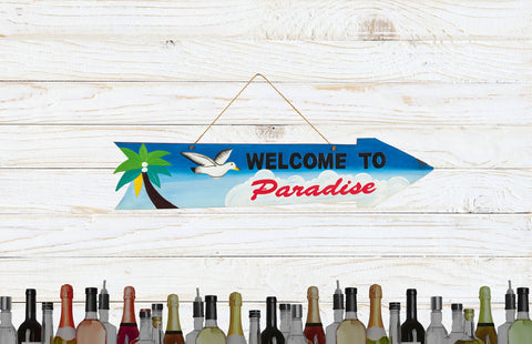 RAM Game Room “Welcome to Paradise” Acacia Wood Art Sign with arrow over wine bottles design.