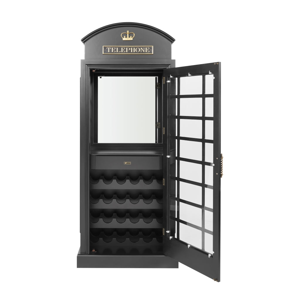 RAM Game Room Old English Telephone Booth Bar Cabinet with open door and built-in wine rack.