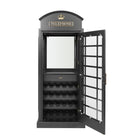RAM Game Room Old English Telephone Booth Bar Cabinet with open door and built-in wine rack.