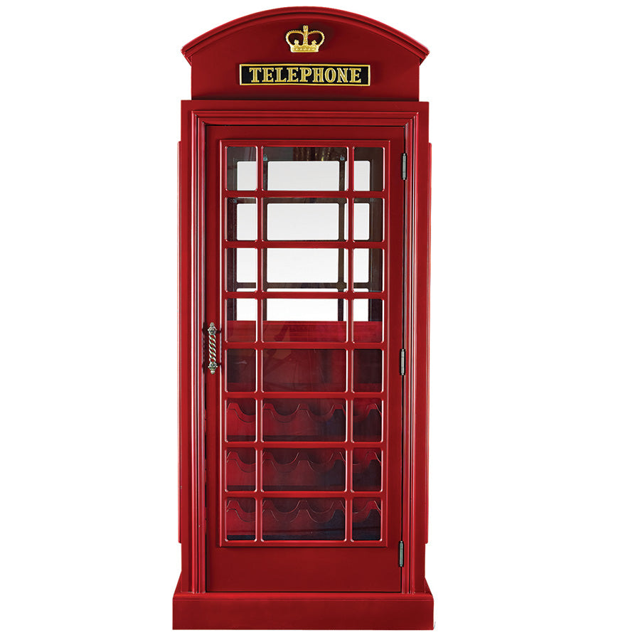 RAM Game Room Old English Telephone Booth Bar Cabinet with glass windows and crown emblem.