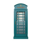 RAM Game Room Old English teal phone booth bar cabinet with crown and TELEPHONE sign.