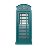 RAM Game Room Old English teal phone booth bar cabinet with crown and TELEPHONE sign.