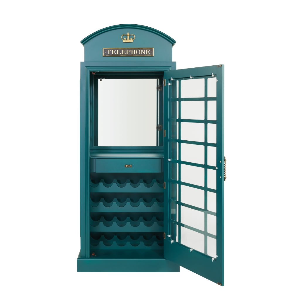 RAM Game Room Old English Telephone Booth Bar Cabinet with glass door, mirror, shelves, and wine rack.