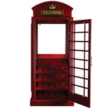 RAM Game Room Old English Telephone Booth Bar Cabinet with open glass door, repurposed as wine rack.