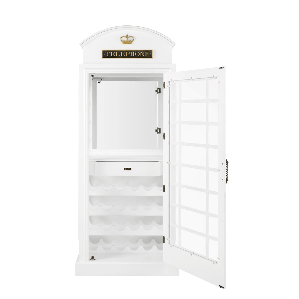 RAM Game Room Old English Telephone Booth Bar Cabinet with shelves, open door & crown sign.