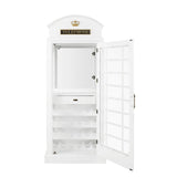 RAM Game Room Old English Telephone Booth Bar Cabinet with shelves, open door & crown sign.