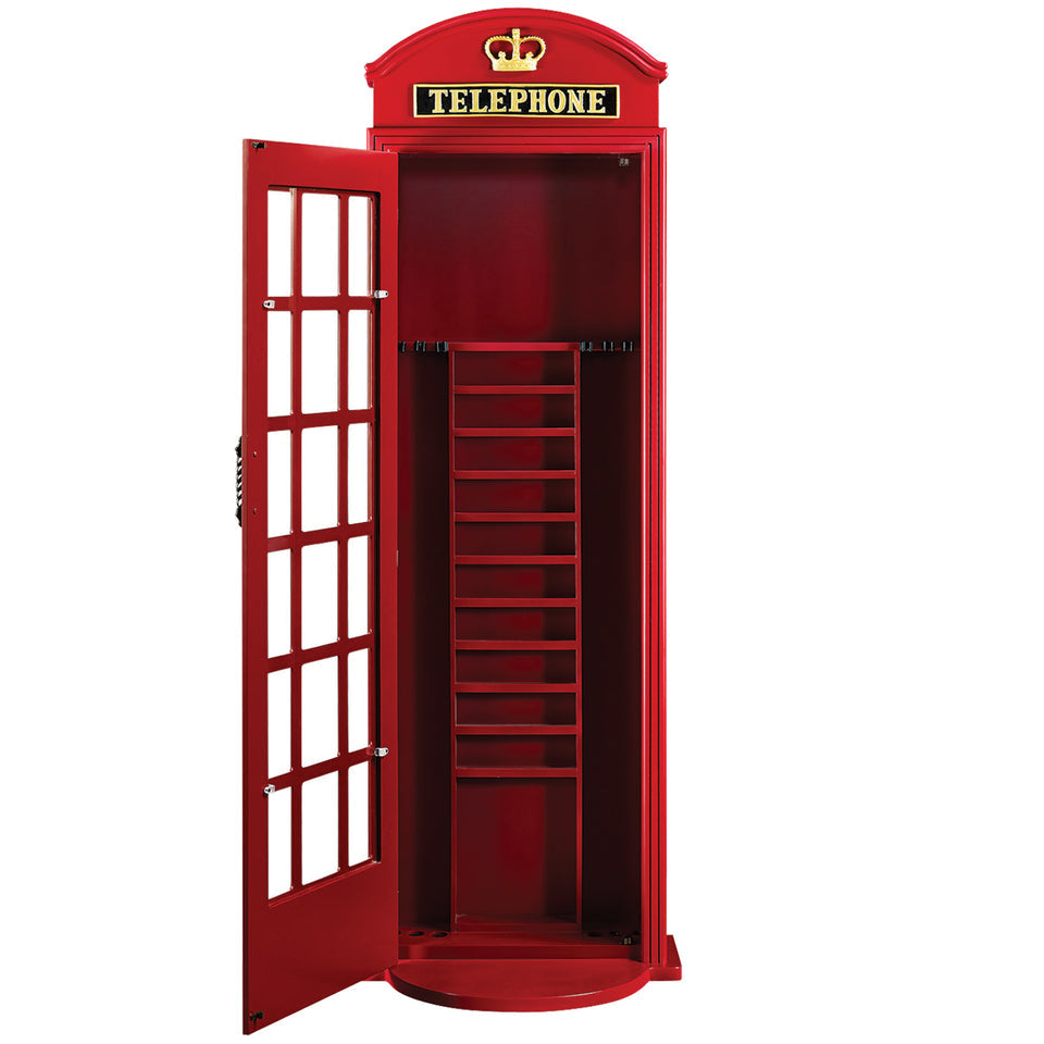 RAM Game Room Old English Telephone Booth Cue Holder with open door and shelving for storage.