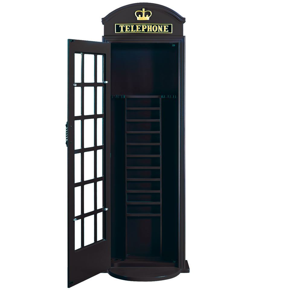 RAM Game Room Old English Telephone Booth Cue Holder in black with open door and empty shelves.