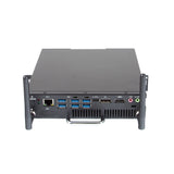 Back view of a industrial computer chassis with various ports on a white background