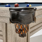 Close-up of Brunswick Billiards OAKLAND II 8' Pool Table corner pocket with balls on wood.