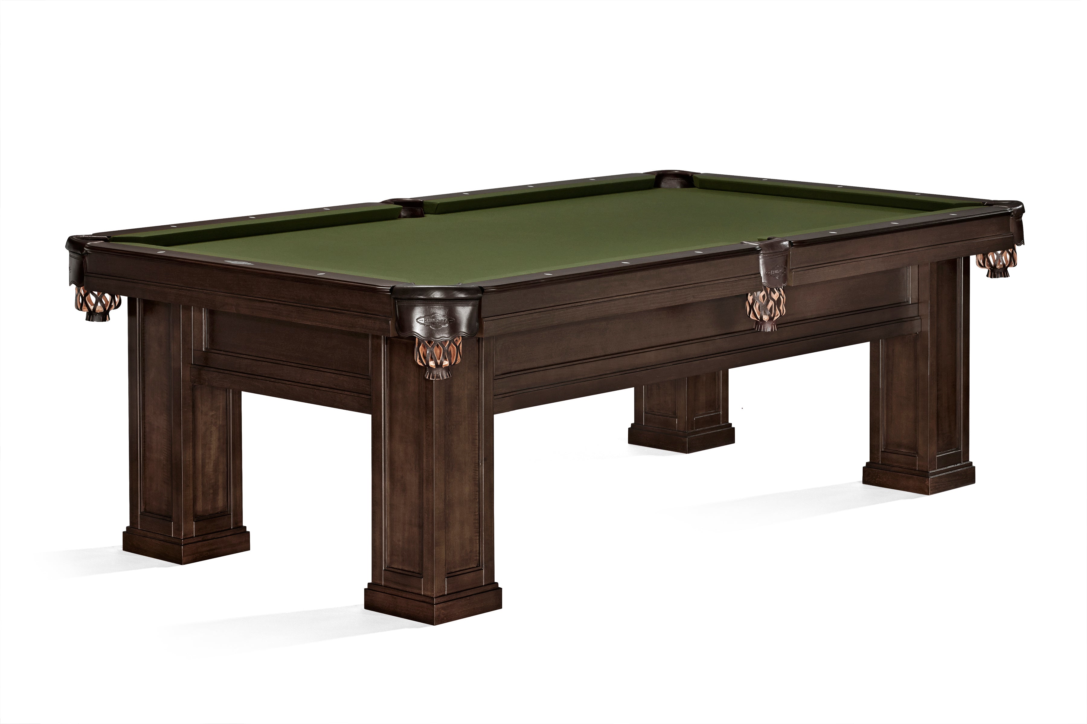 Brunswick Billiards OAKLAND II 8' table with green felt, ornate pockets, and storage drawers.