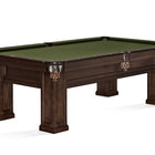 Brunswick Billiards OAKLAND II 8' table with green felt, ornate pockets, and storage drawers.