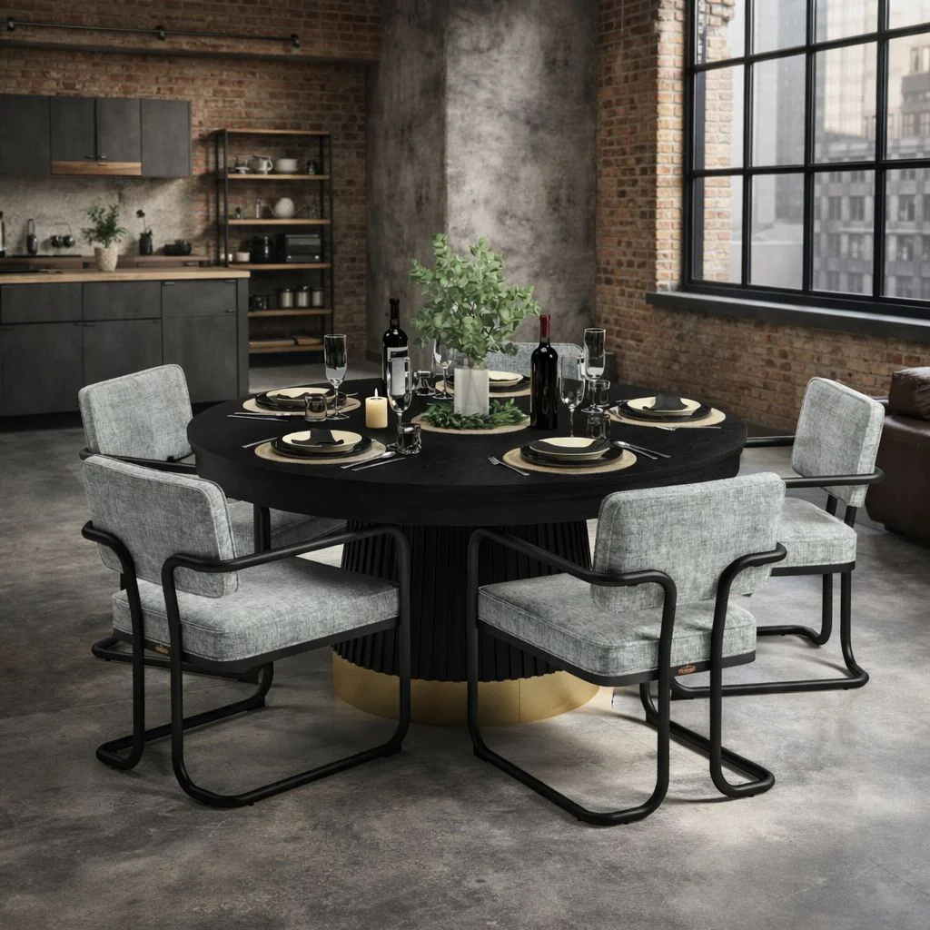 Dining table set with chairs in a modern kitchen setting