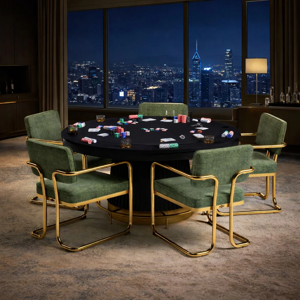 Dining table set with chairs in a modern kitchen setting