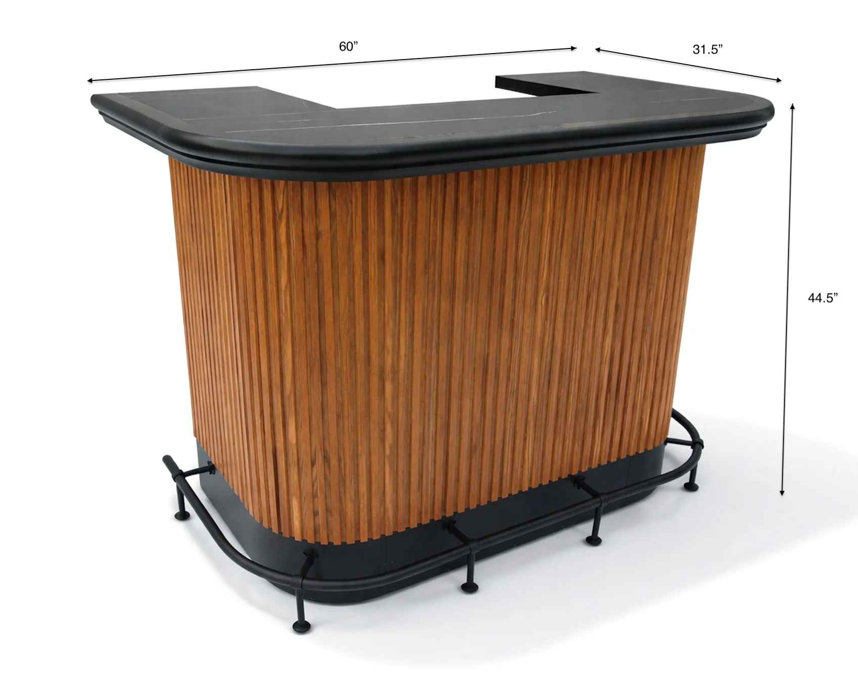 Wooden bar counter with black top and measurements on a white background