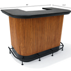 Wooden bar counter with black top and measurements on a white background