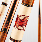Vikuna pool cues with wood and red flame design on a light gray background