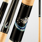 Pool cues with black and beige handles, featuring a visible brand logo on a light gray background.