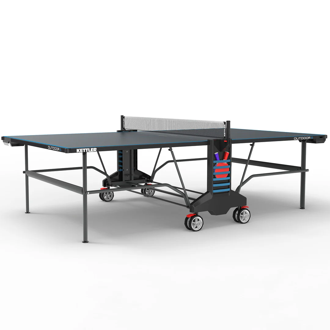 Kettler Outdoor 6 Tennis Table 4-Player Bundle: foldable, weatherproof, with net and wheels.