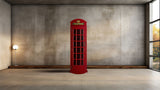 The RAM Game Room Old English Telephone Booth Cue Holder stands in a modern, empty room.