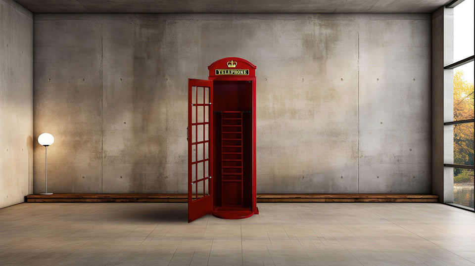 The RAM Game Room Old English Telephone Booth Cue Holder stands in a modern, empty room.