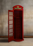 RAM Game Room Old English Telephone Booth Cue Holder in red with open door for game room storage.