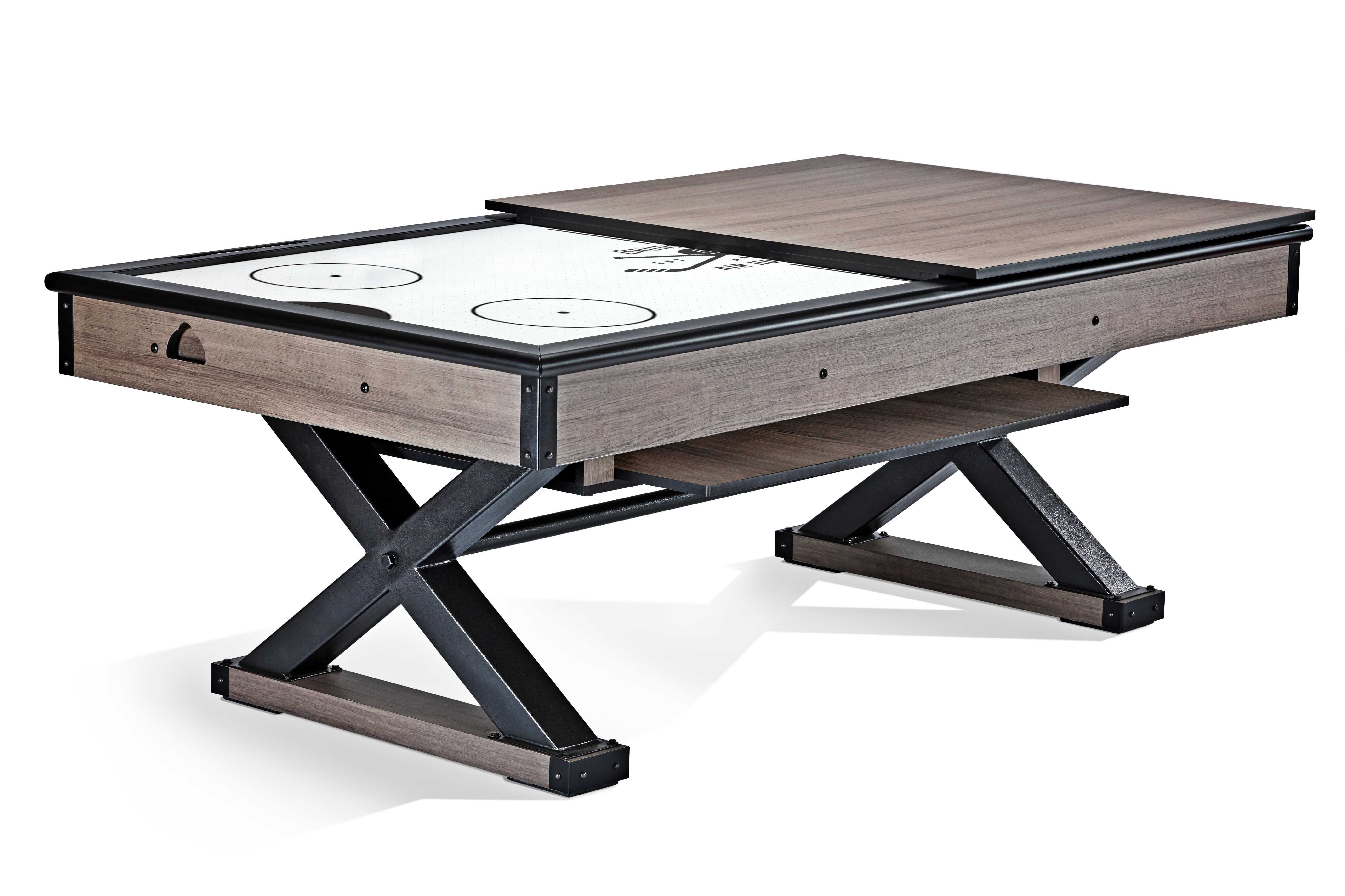 Brunswick Billiards Premier Air Hockey Table with wooden dining top and black metal legs.