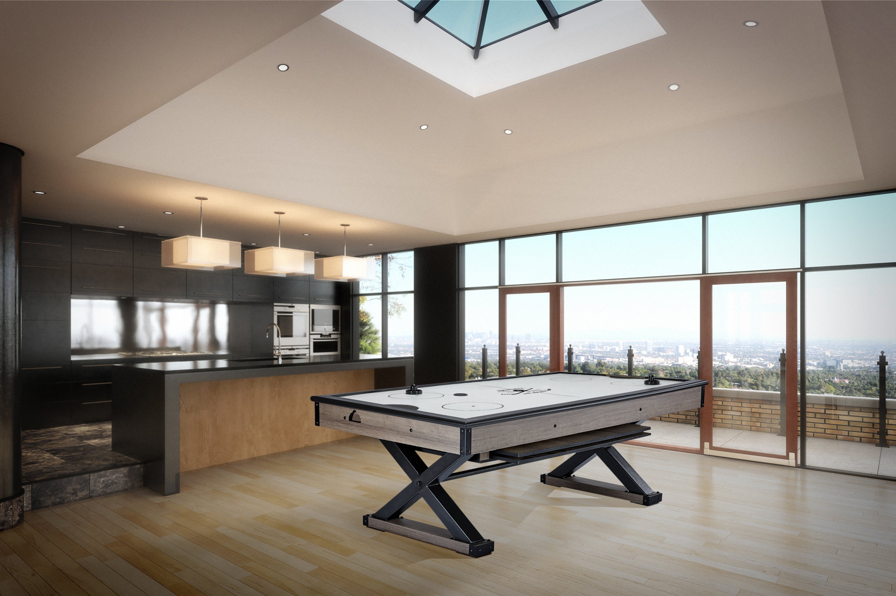 Spacious room with city views featuring Brunswick Billiards Premier Air Hockey Table.