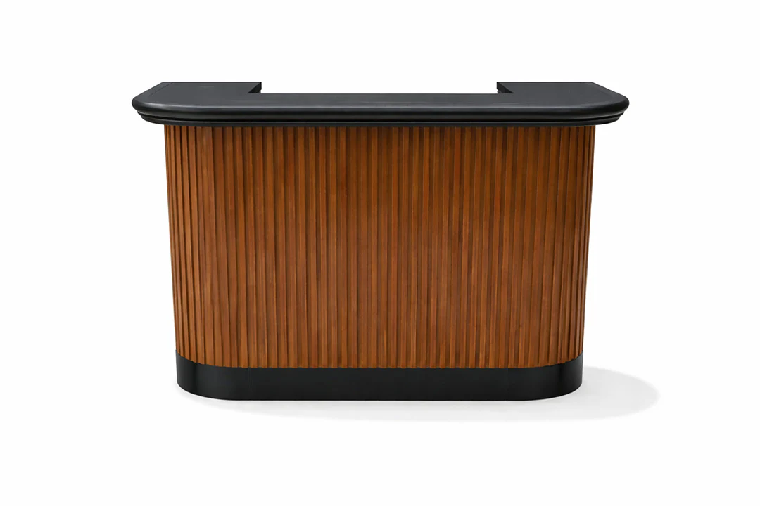 Wooden bar with black top on a white background