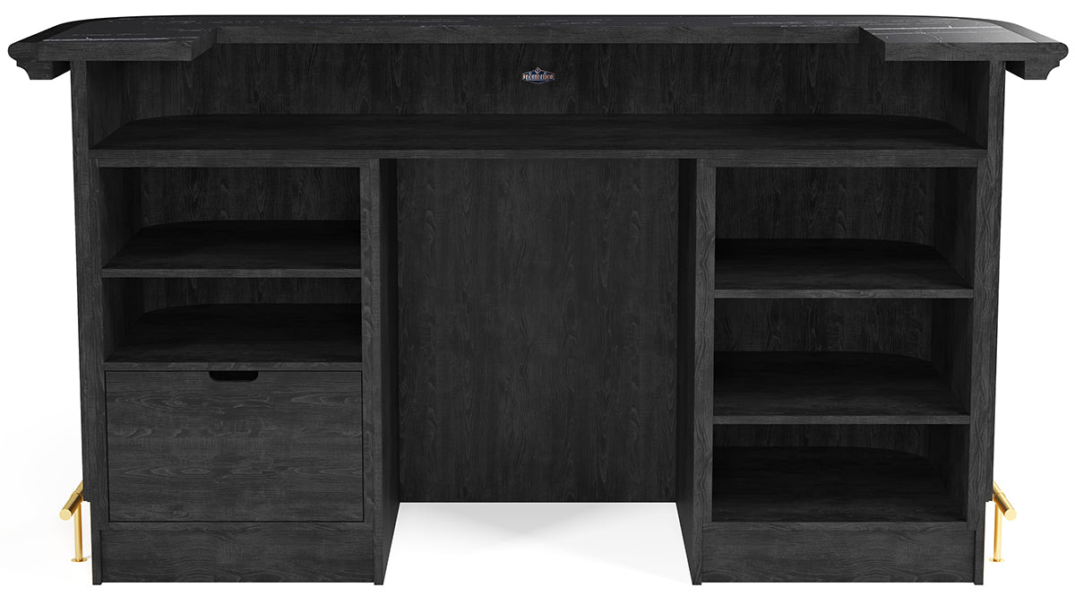 RAM Game Room Prohibition 84" Cocktail Bar in black with shelves, drawer, and gold foot rails.