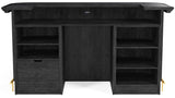 RAM Game Room Prohibition 84" Cocktail Bar in black with shelves, drawer, and gold foot rails.