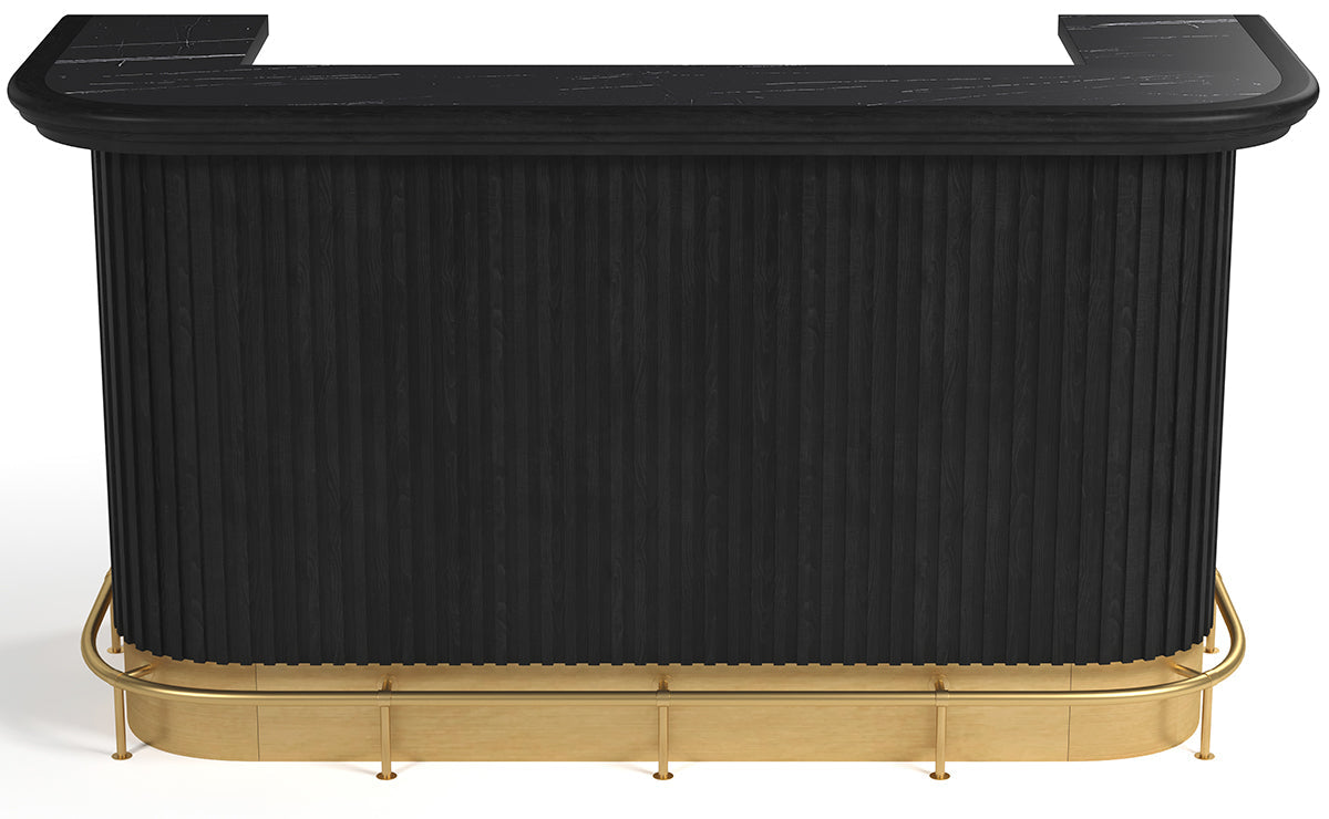 RAM Game Room Prohibition 84" Cocktail Bar in black with ribbed front, marble top, gold trim.