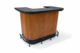 Wooden bar counter with black top on a white background