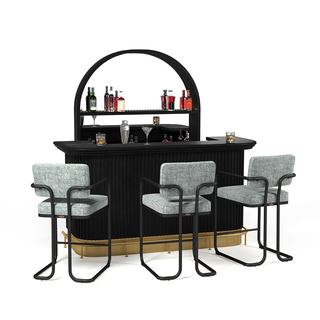 RAM Game Room Prohibition 84" Cocktail Bar in black with stools and barware, by RAM Game Room.