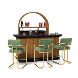 RAM Game Room Prohibition 84" Walnut Bar features green stools and sleek bottle display shelves.