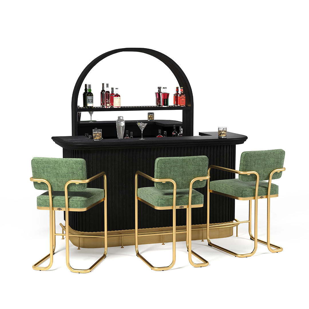 The RAM Game Room Prohibition 84" Cocktail Bar - Black features green/gold stools and bottle shelves.
