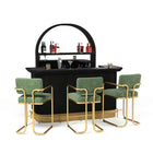 The RAM Game Room Prohibition 84" Cocktail Bar - Black features green/gold stools and bottle shelves.