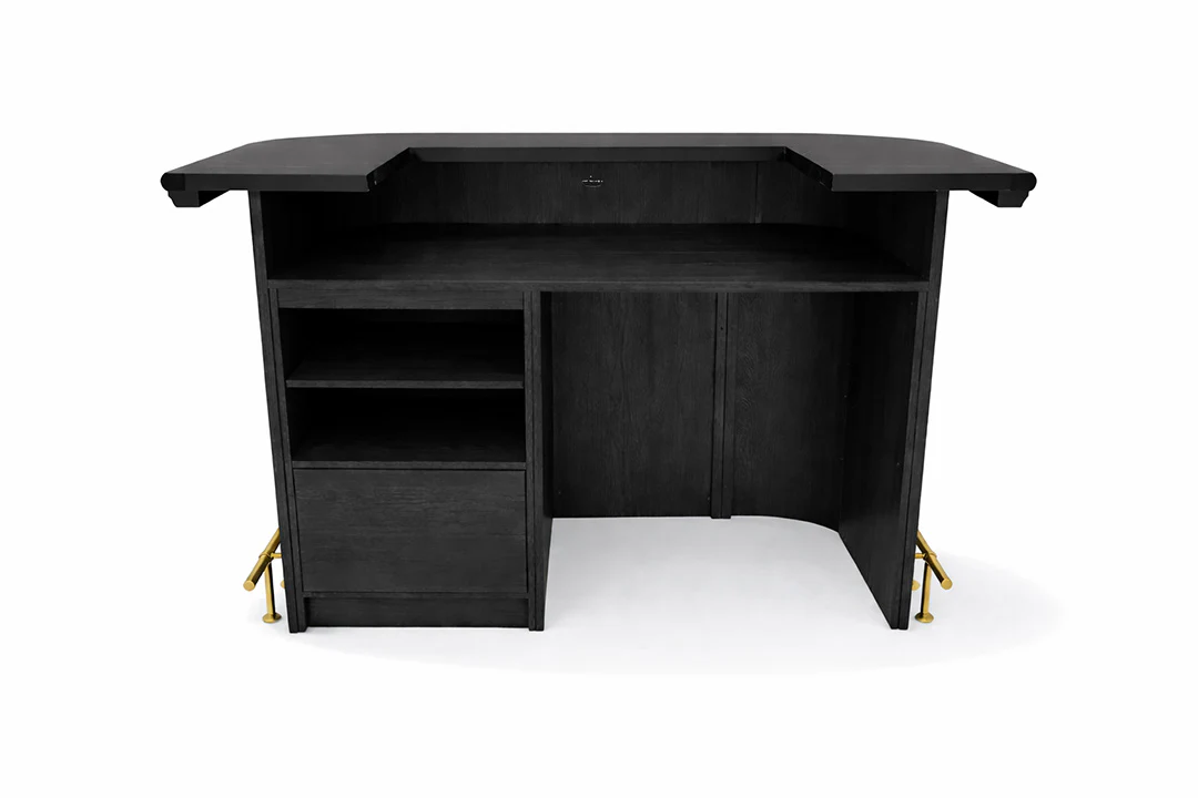 Black bar with curved front and gold accents on a white background