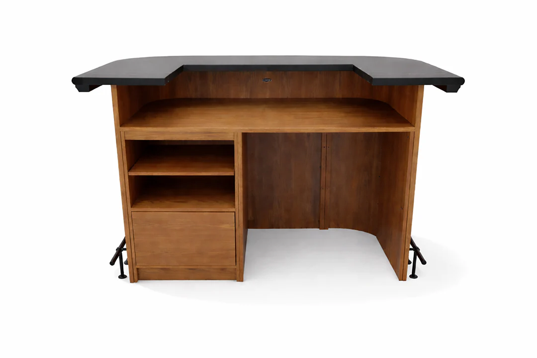 Wooden bar with black top on a white background