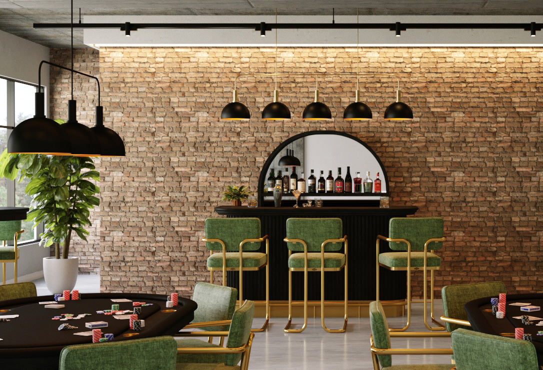 RAM Game Room Prohibition 84" Cocktail Bar - Black features green barstools and brick accents.