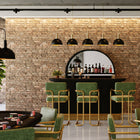 RAM Game Room Prohibition 84" Cocktail Bar - Black features green barstools and brick accents.