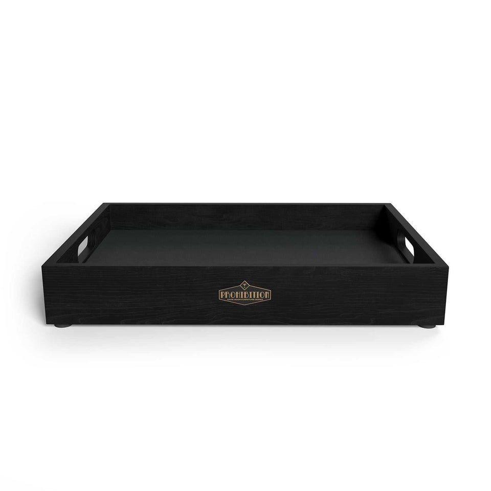 RAM Game Room PROTRAY—Black cocktail tray with handles and a gold logo on the front.