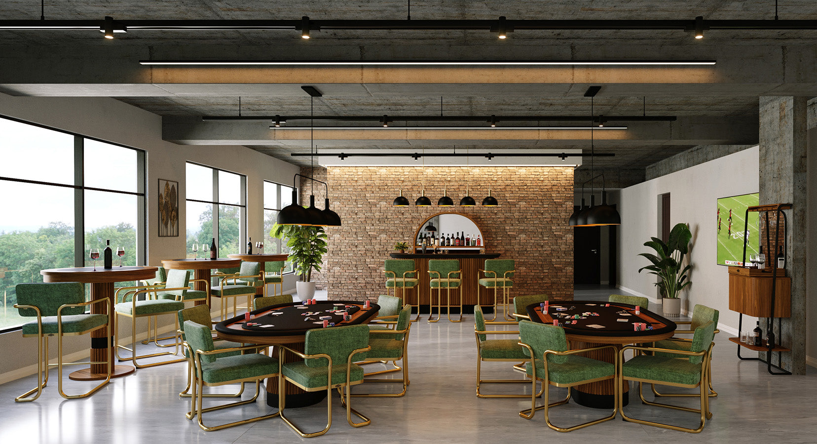 Luxury casino room with a RAM Game Room Walnut Prohibition Texas Hold'em Poker Table.