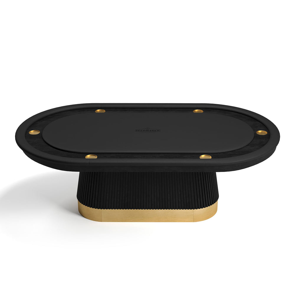 RAM Game Room Prohibition Texas Hold'em Poker Table in black with gold accents and ribbed base.